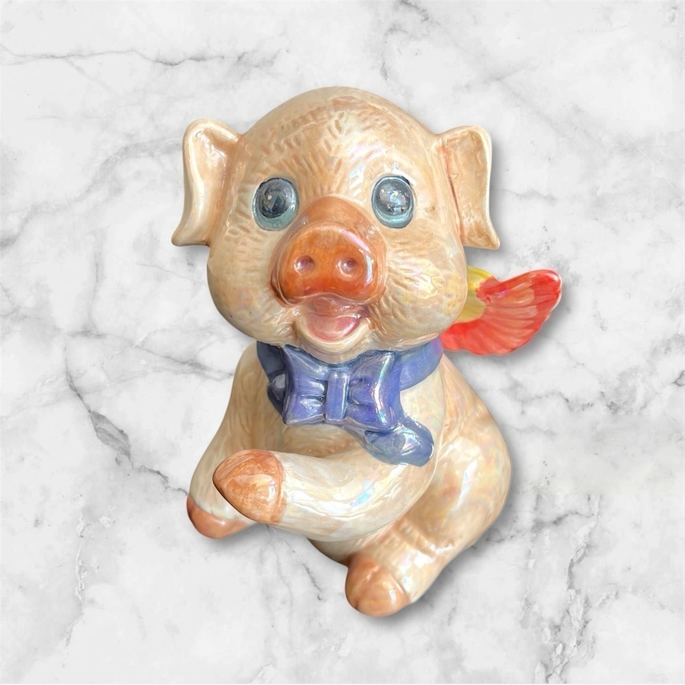 Piggy Bank irridescent vintage Ceramic winged Pig Figurine with Blue Bow 7”